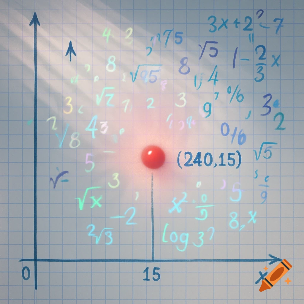 Graphing paper with x and y axes, a red thumbtack marking point (240,15), and glowing math equations scattered.
