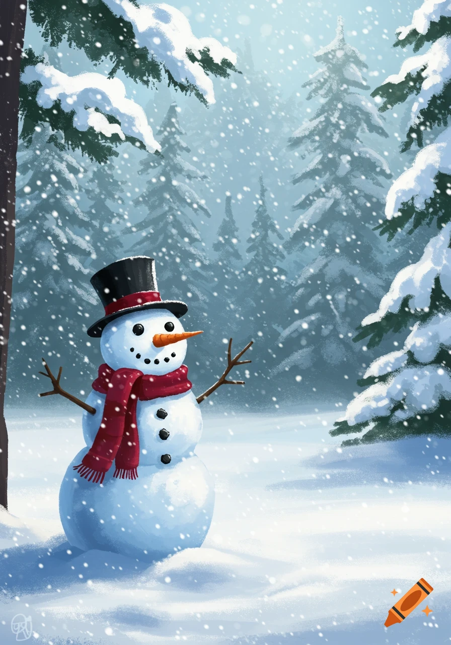 An illustration of a cheerful snowman wearing a top hat and red scarf in a snowy winter forest with pine trees.