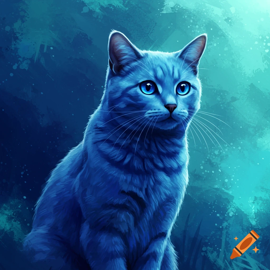 A blue cat with bright blue eyes sits, looking to the right, against a dark blue and teal painted background.