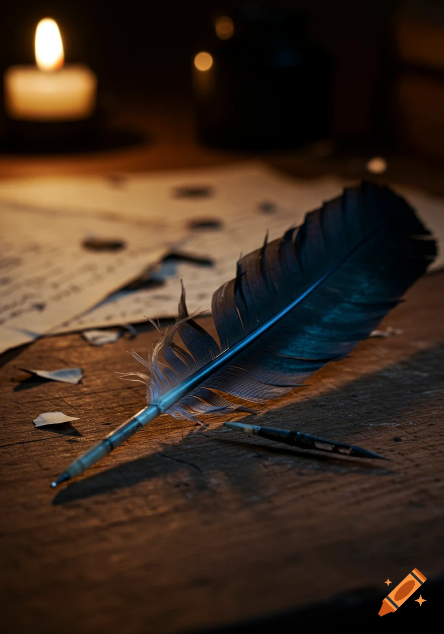 A dark quill with a broken shaft rests on a wooden table with old papers, dimly lit by a blurred candle. Photorealistic.