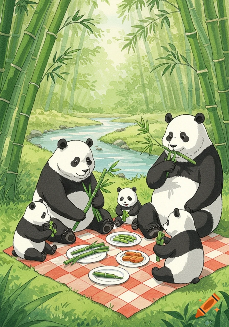 A watercolor illustration of a panda family picnicking with bamboo shoots on a red blanket by a river in a bamboo forest.