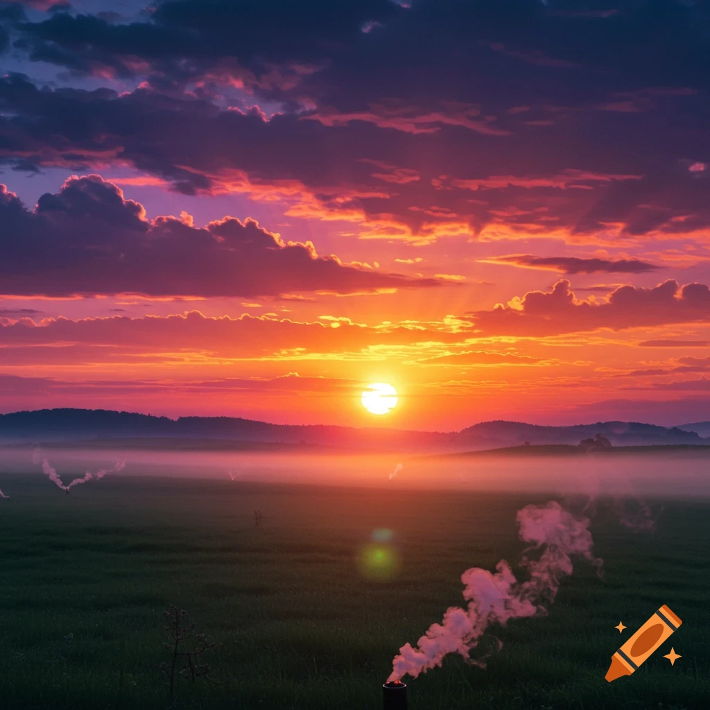 A vibrant sunset over a misty green field, with the sun low on the horizon casting bright orange and pink light on the clouds. Pink plumes of smoke rise from the field.