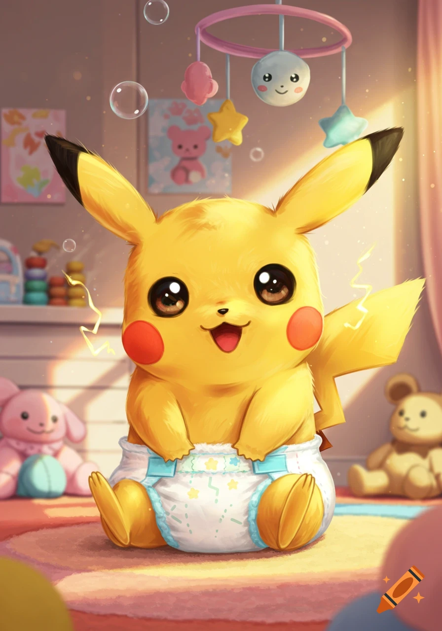 A cute baby Pikachu in a diaper sits on a rug in a sunny nursery with toys and a mobile.