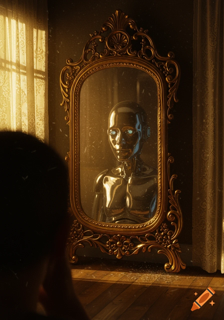 A person's back faces an ornate mirror reflecting a metallic robot with glowing blue eyes in a dimly lit room.