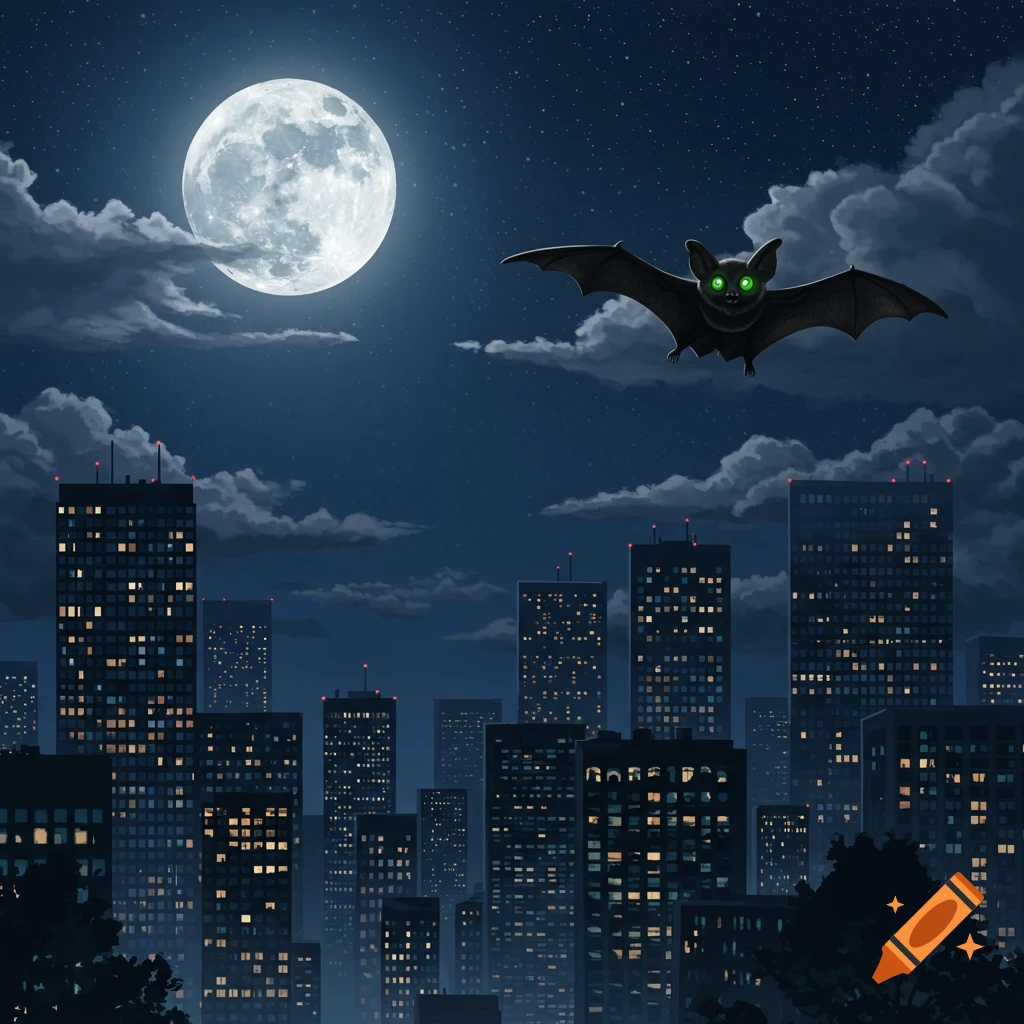 A bat with glowing green eyes flies through a mystical night sky above a dark city skyline with a bright full moon and clouds.