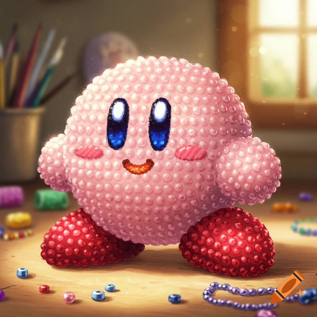 A pink Kirby character made of small, shiny beads sits on a wooden table surrounded by colorful loose beads and craft supplies.