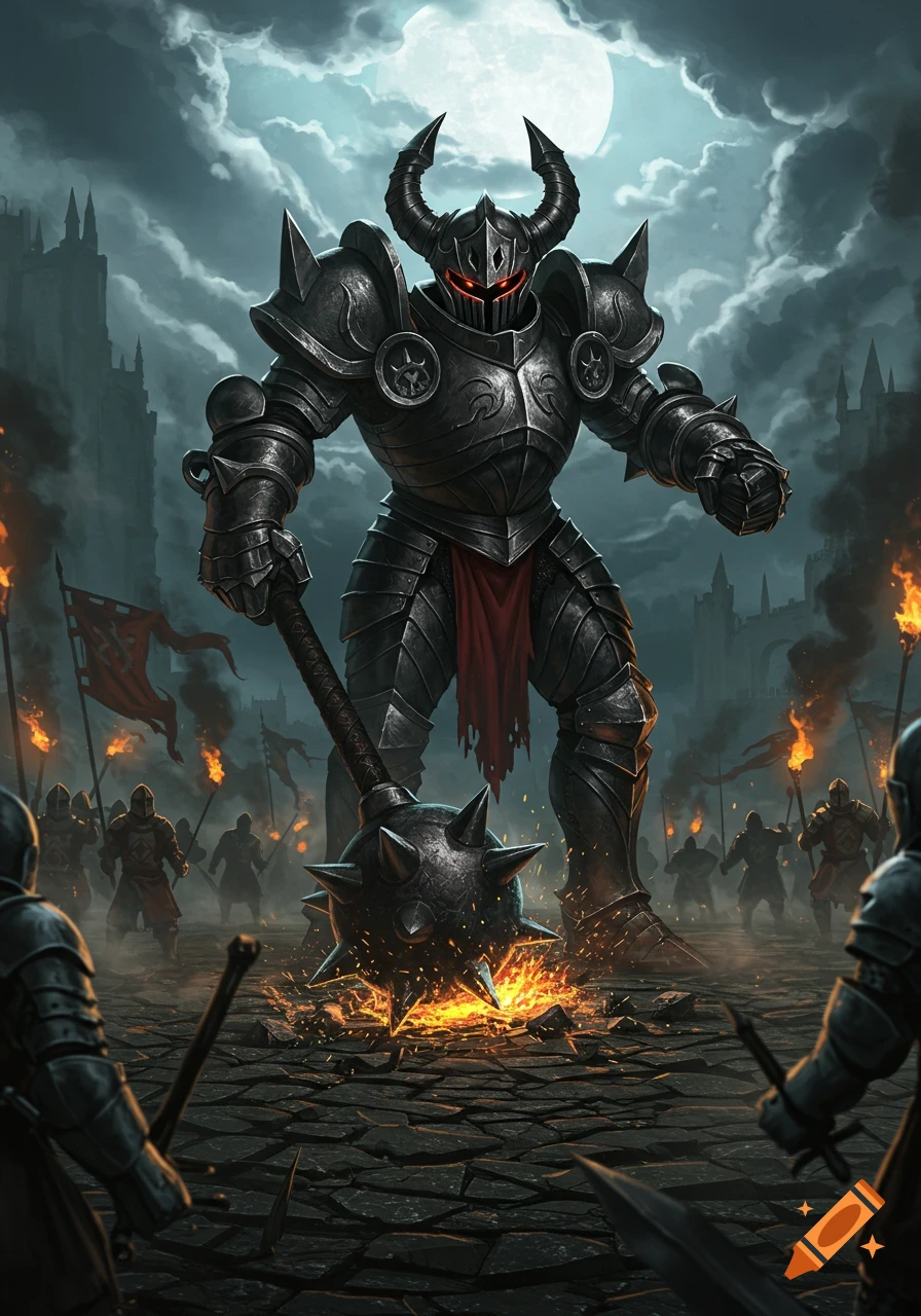 A huge, horned Mega Knight in dark armor with a mace stands on a fiery battlefield, facing smaller warriors under a full moon.