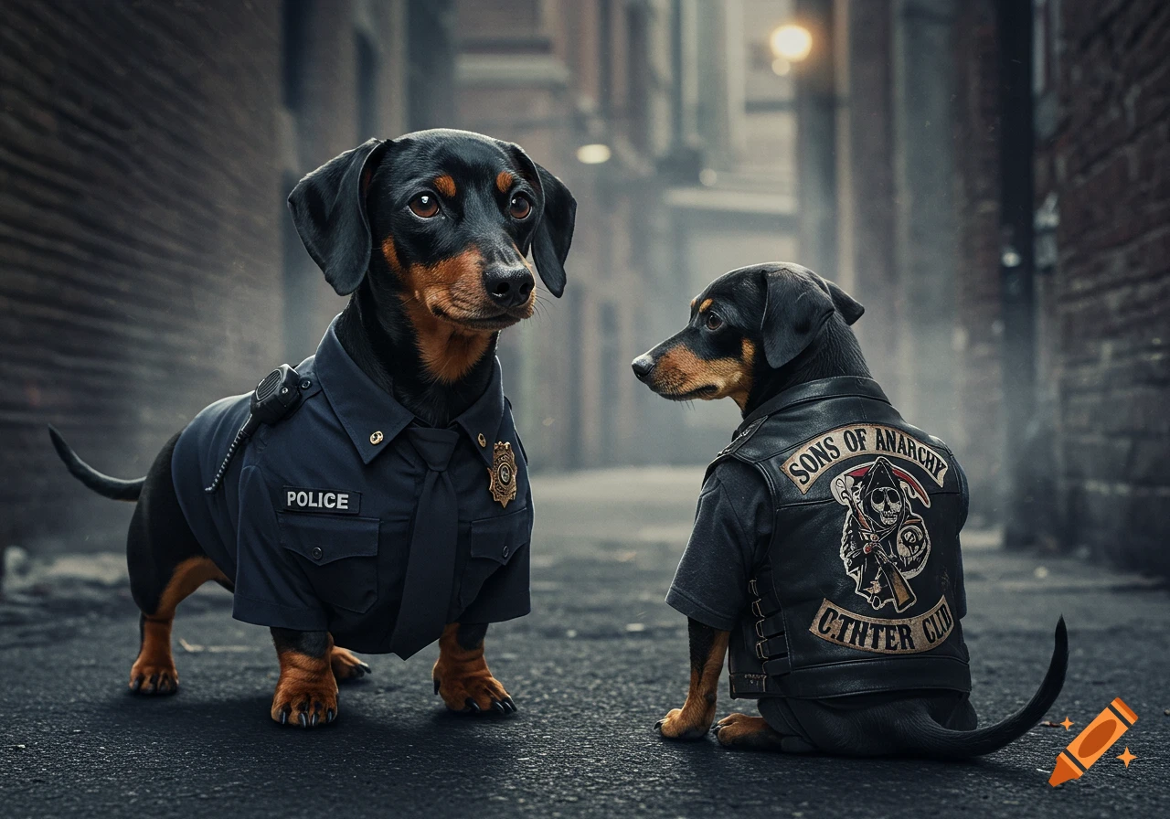 A photorealistic image of two dachshunds in a gritty alleyway, one dressed in a police uniform, the other in a biker vest with 'SONS OF ANARCHY' on the back.