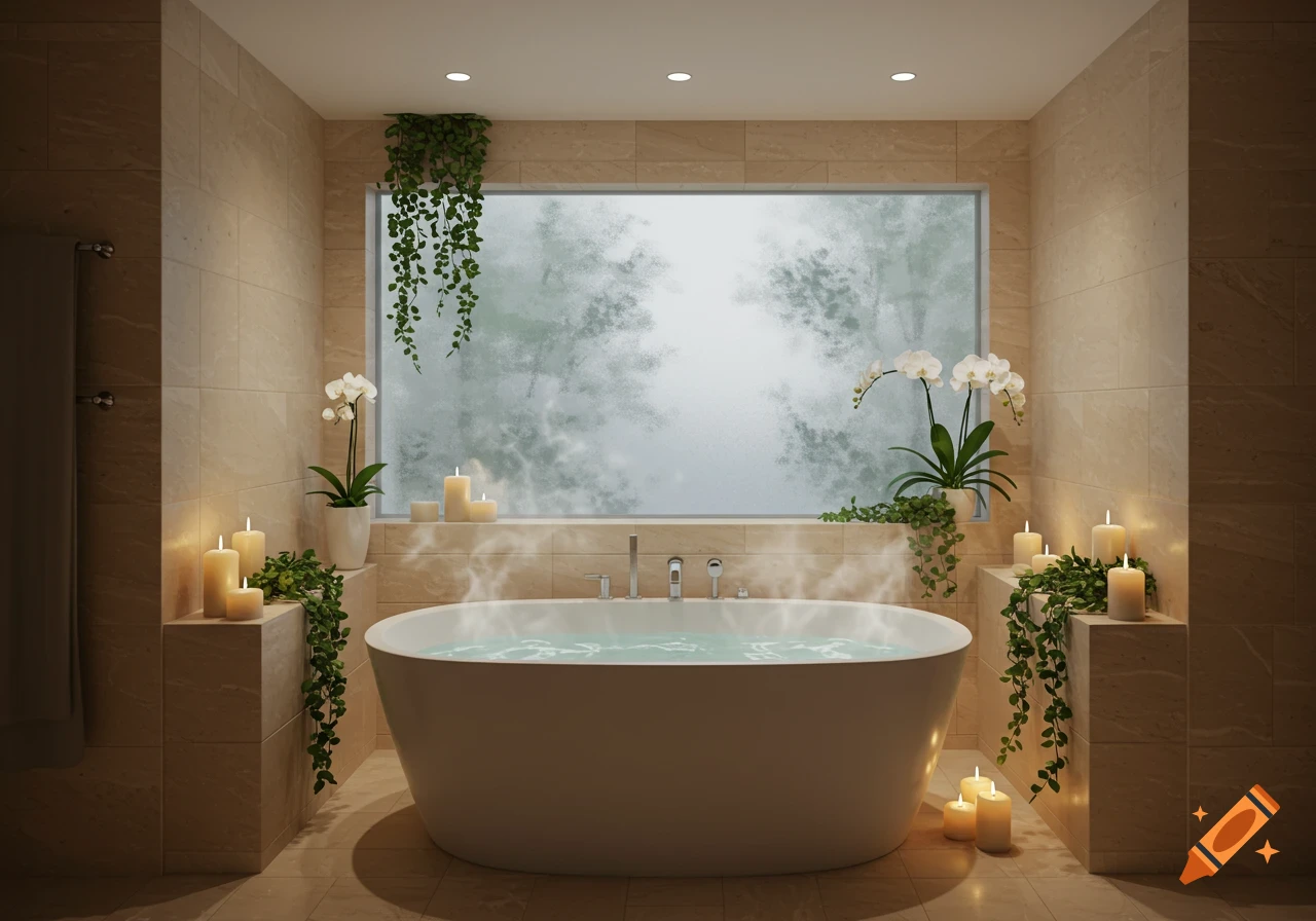 A serene, photorealistic bathroom with a steaming freestanding bathtub, candles, orchids, and vines under a large frosted window.