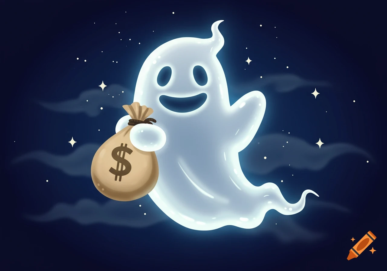 A smiling, translucent white cartoon ghost floats in a starry night sky, holding a brown money bag with a dollar sign.