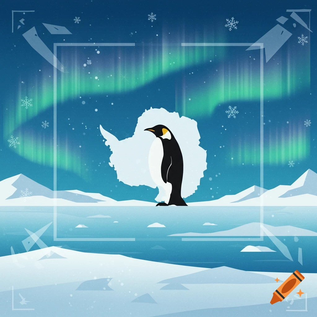 A stylized illustration of an emperor penguin standing on an ice floe in Antarctica under a vibrant aurora.