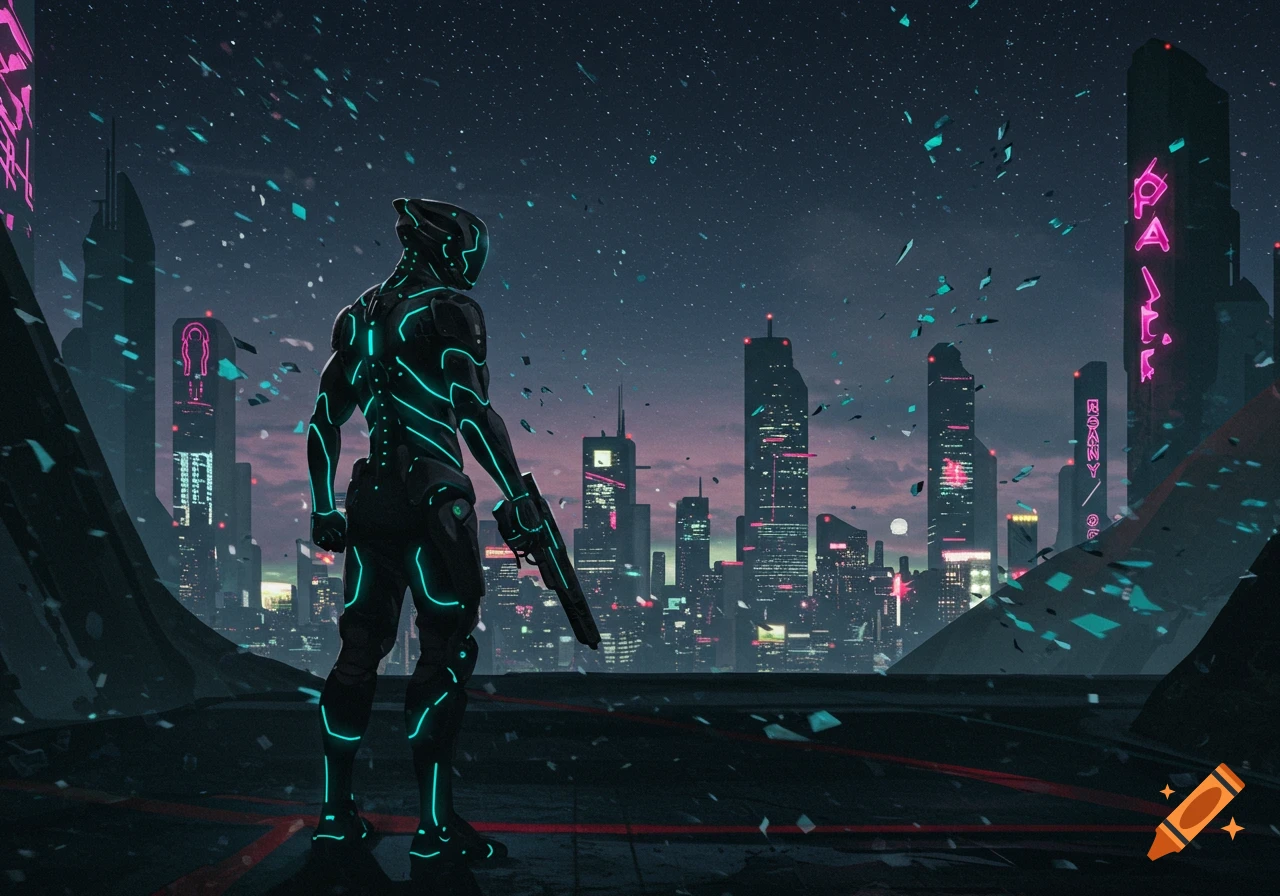 A dark, armored figure with glowing blue lines stands on a rooftop, overlooking a neon-lit cyberpunk city at night under a starry sky.