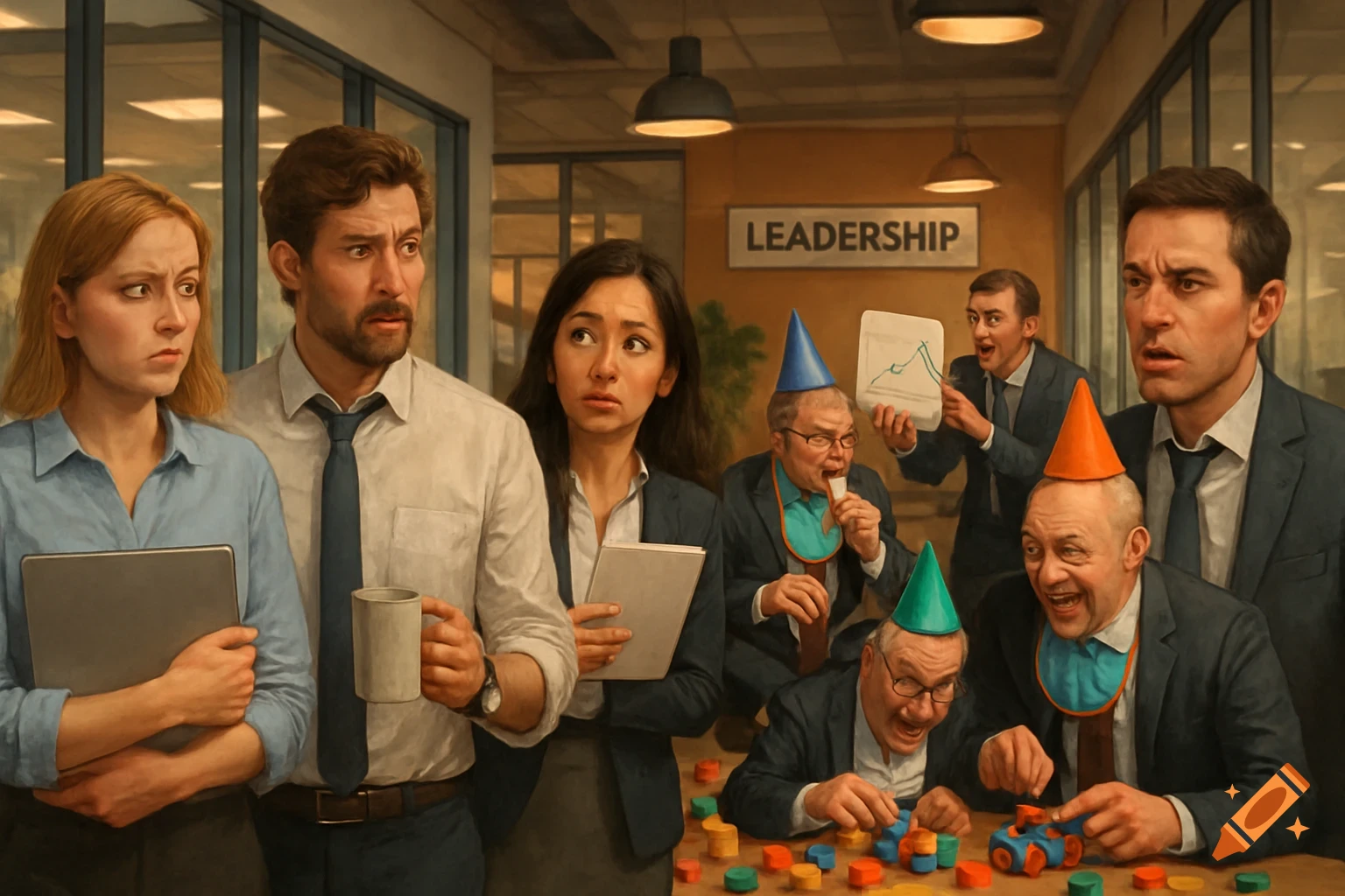 Professionals in an office looking exasperated at older 'Leadership' adults playing with toys and wearing party hats.