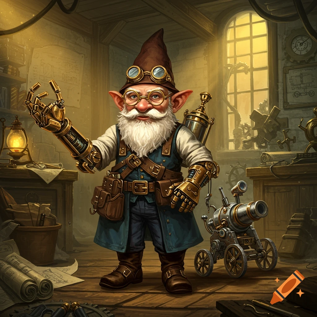 A gnome artificer with a mechanical arm, wearing goggles, a hat, and a beard, stands in a cluttered steampunk workshop with a small walking cannon next to him.