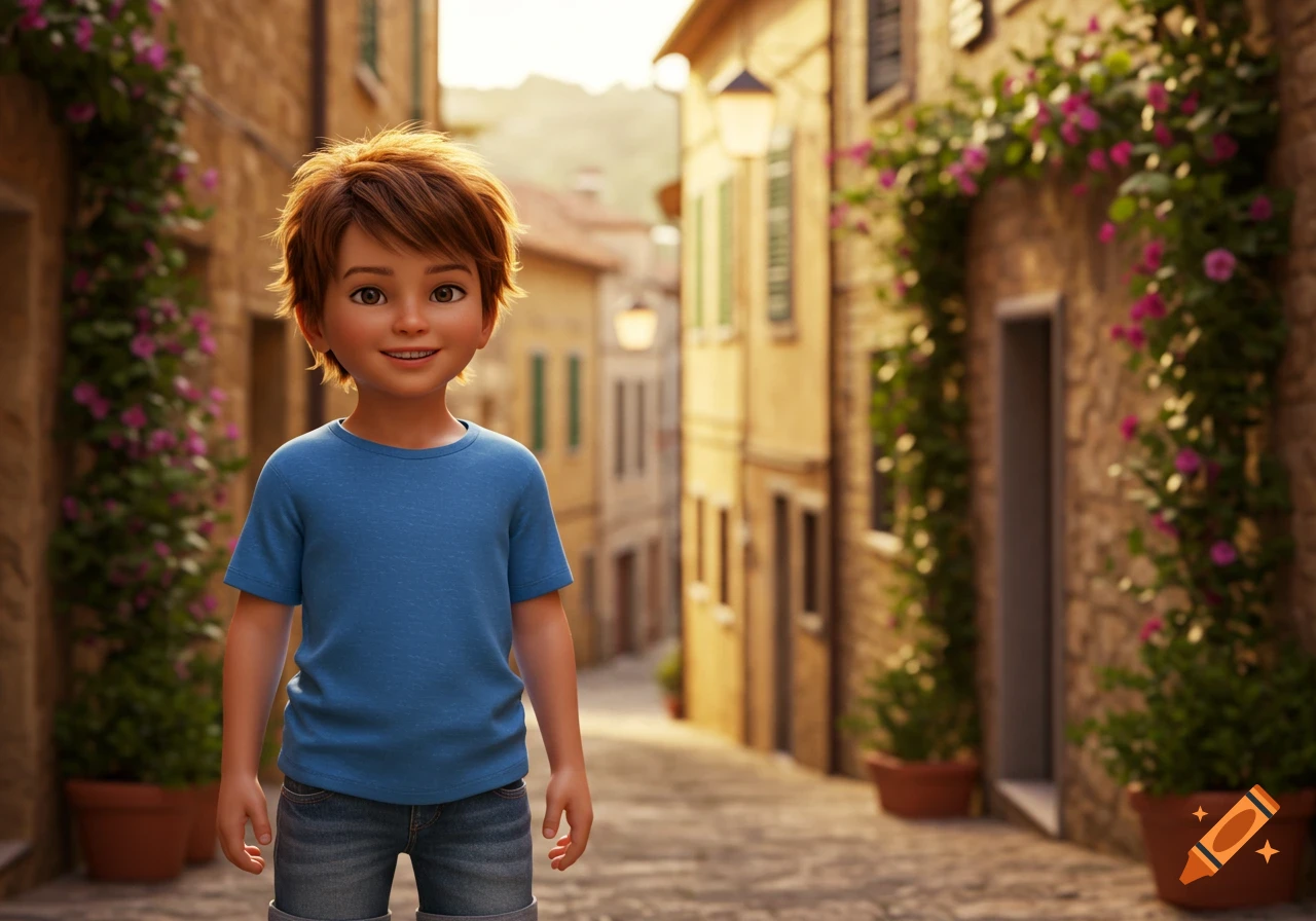 A 3D animated boy with brown hair smiles, standing in a sunlit cobblestone alley lined with old buildings and flowering vines.