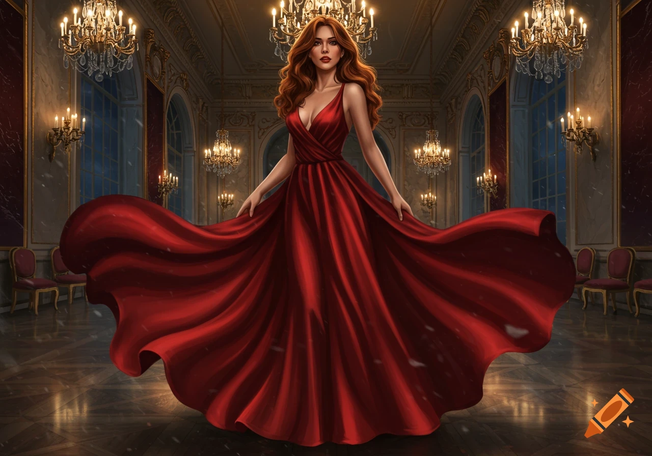 A woman with long wavy red hair in a flowing red dress poses in a grand opulent ballroom with chandeliers.