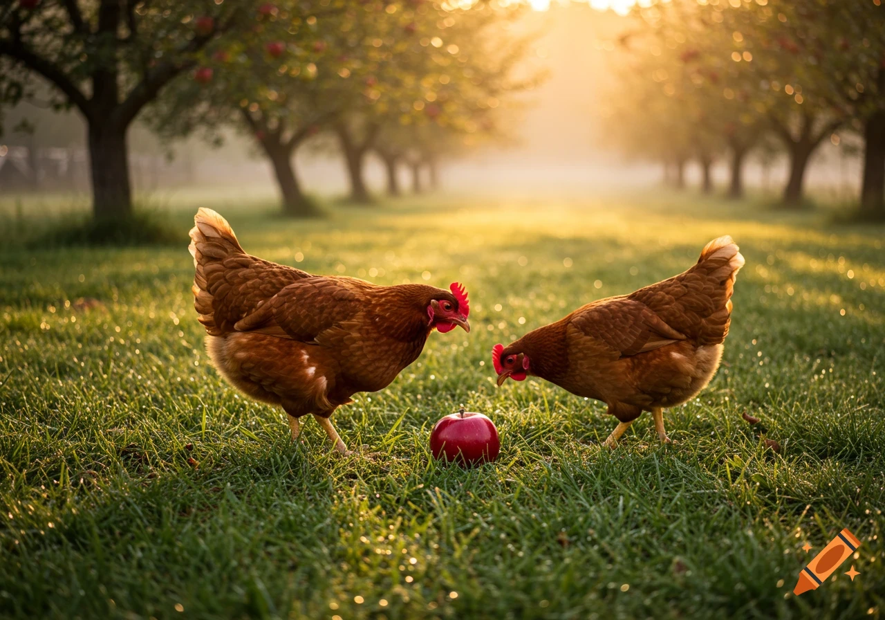 Two brown chickens peck at a red apple on dewy grass in a sunlit orchard, with trees in the background.