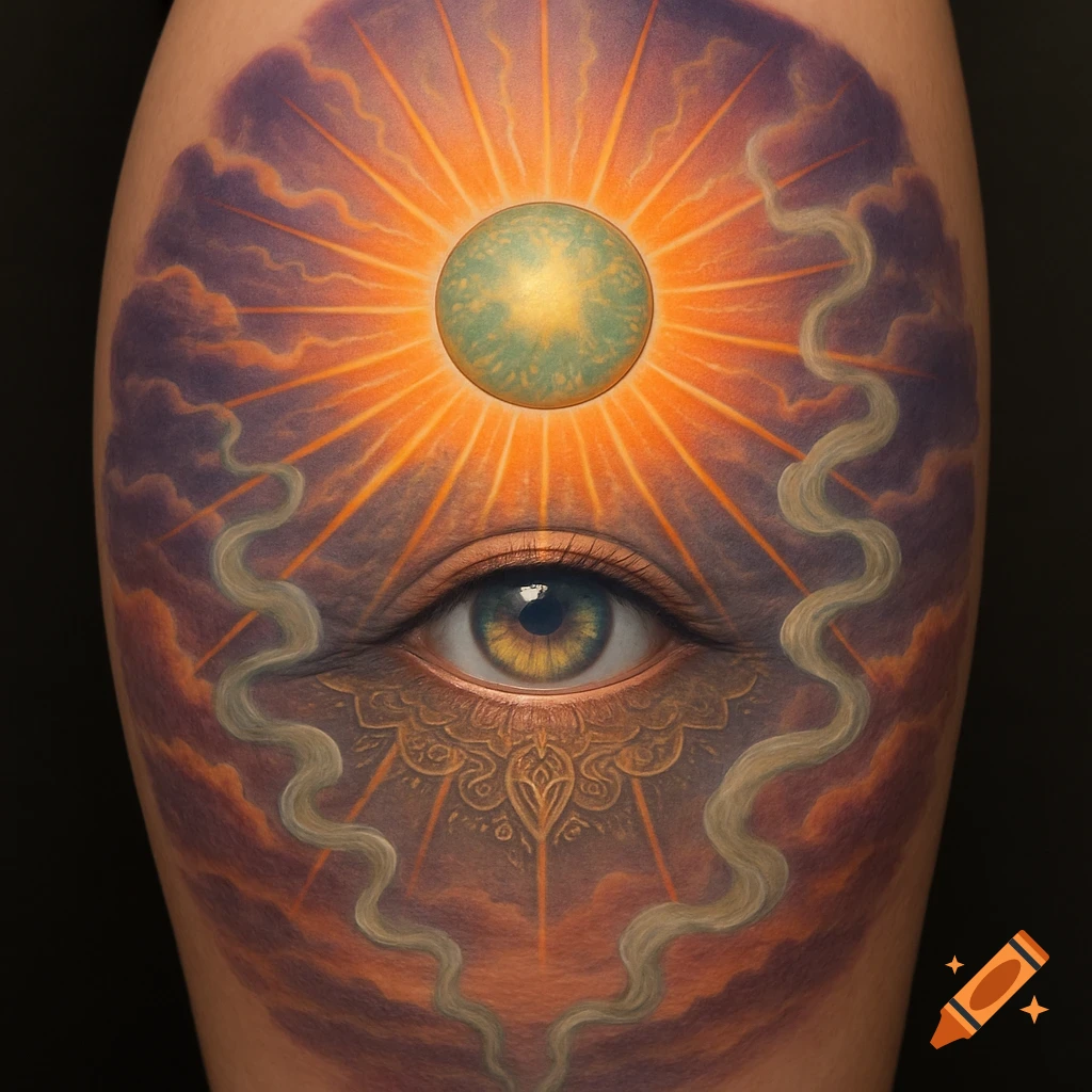 A colorful, stylized tattoo on skin featuring a realistic eye, a bright sun with rays, and dark clouds with wavy patterns.