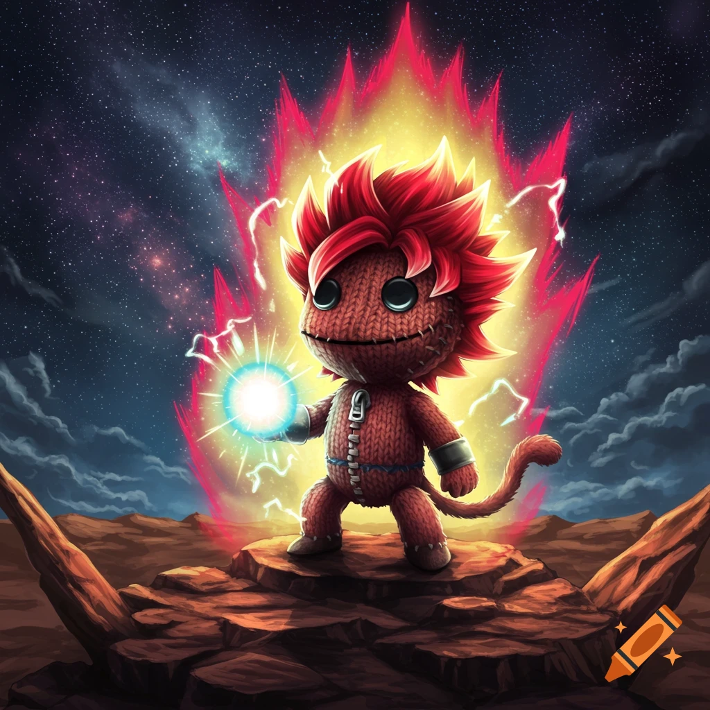 Sackboy with red Super Saiyan 4 hair and tail stands on rocks, powering up with a glowing energy ball against a starry sky.
