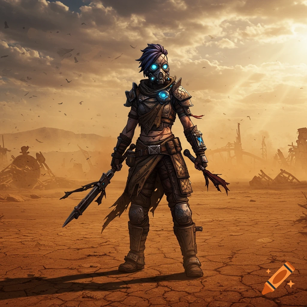 A stylized warrior with a gas mask and glowing blue eyes stands in a desolate, sandy wasteland under a cloudy sky.