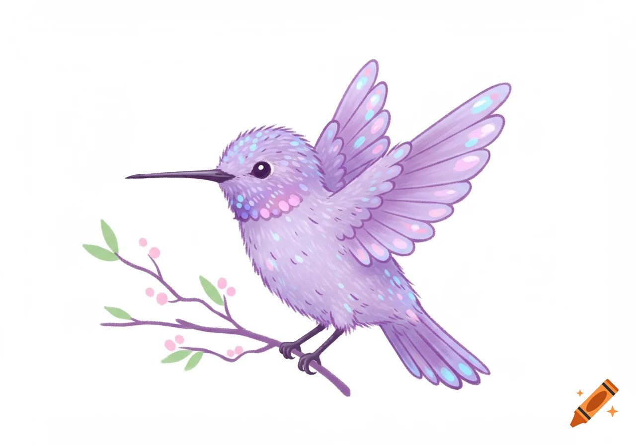 A cute, fluffy, pastel purple hummingbird with blue and pink spots, perched on a branch with berries, in a cartoon illustration style.