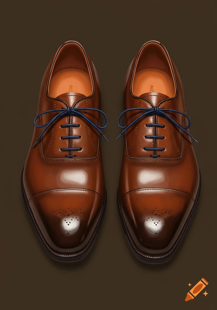 A pair of glossy brown leather oxford shoes with navy blue laces, seen from above against a dark brown background.