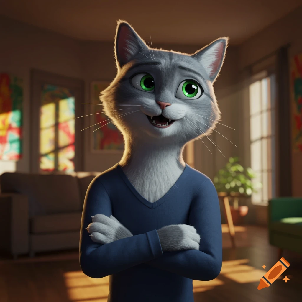 A smiling gray cartoon cat with large green eyes and a blue V-neck shirt, arms crossed, standing in a sunlit room.