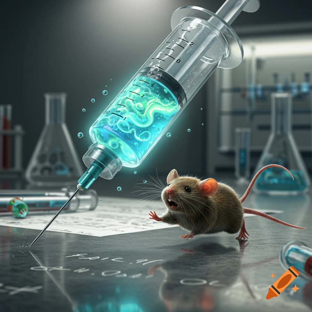A tiny, scared brown mouse runs across a lab table, fleeing from a giant syringe filled with glowing blue liquid.