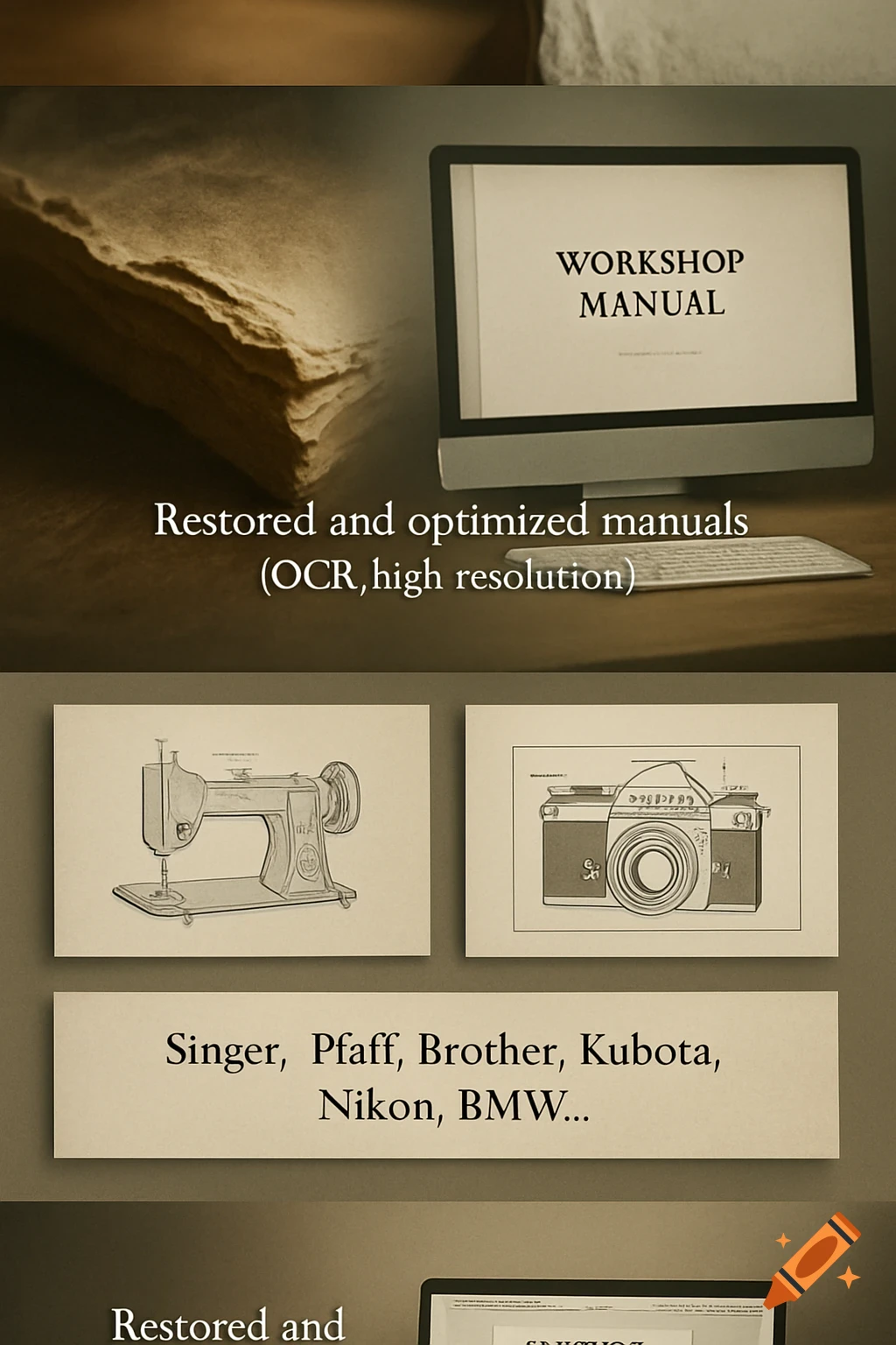A collage showing a computer screen with 'WORKSHOP MANUAL', a stack of vintage papers, technical diagrams of a sewing machine and camera, and text listing brands like 'Singer, Pfaff, Brother, Kubota, Nikon, BMW...'. It conveys manual restoration services.