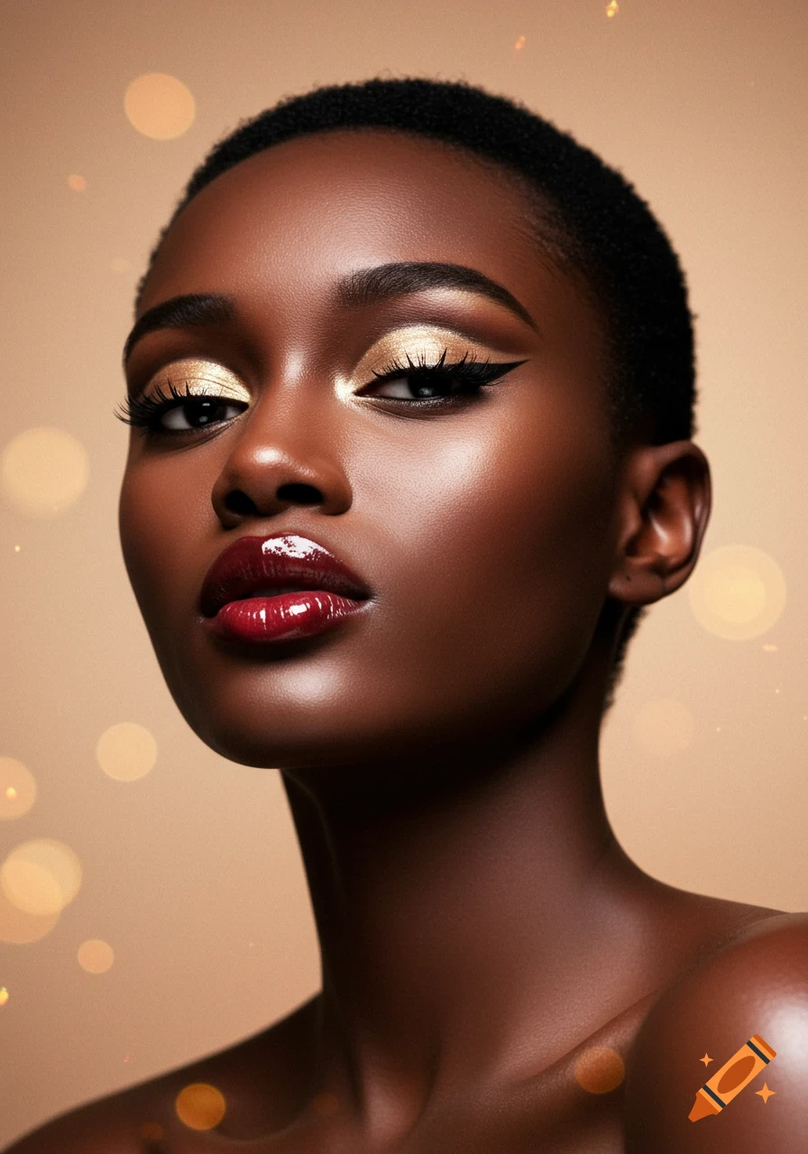 A close-up portrait of a Black woman with gold eyeshadow, black eyeliner, and glossy red lipstick, against a blurred bokeh background.