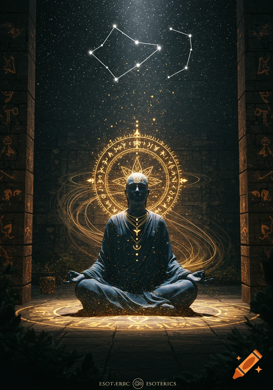 A stylized dark blue statue meditating in a glowing golden circle with cosmic light and constellations above, flanked by ancient pillars.