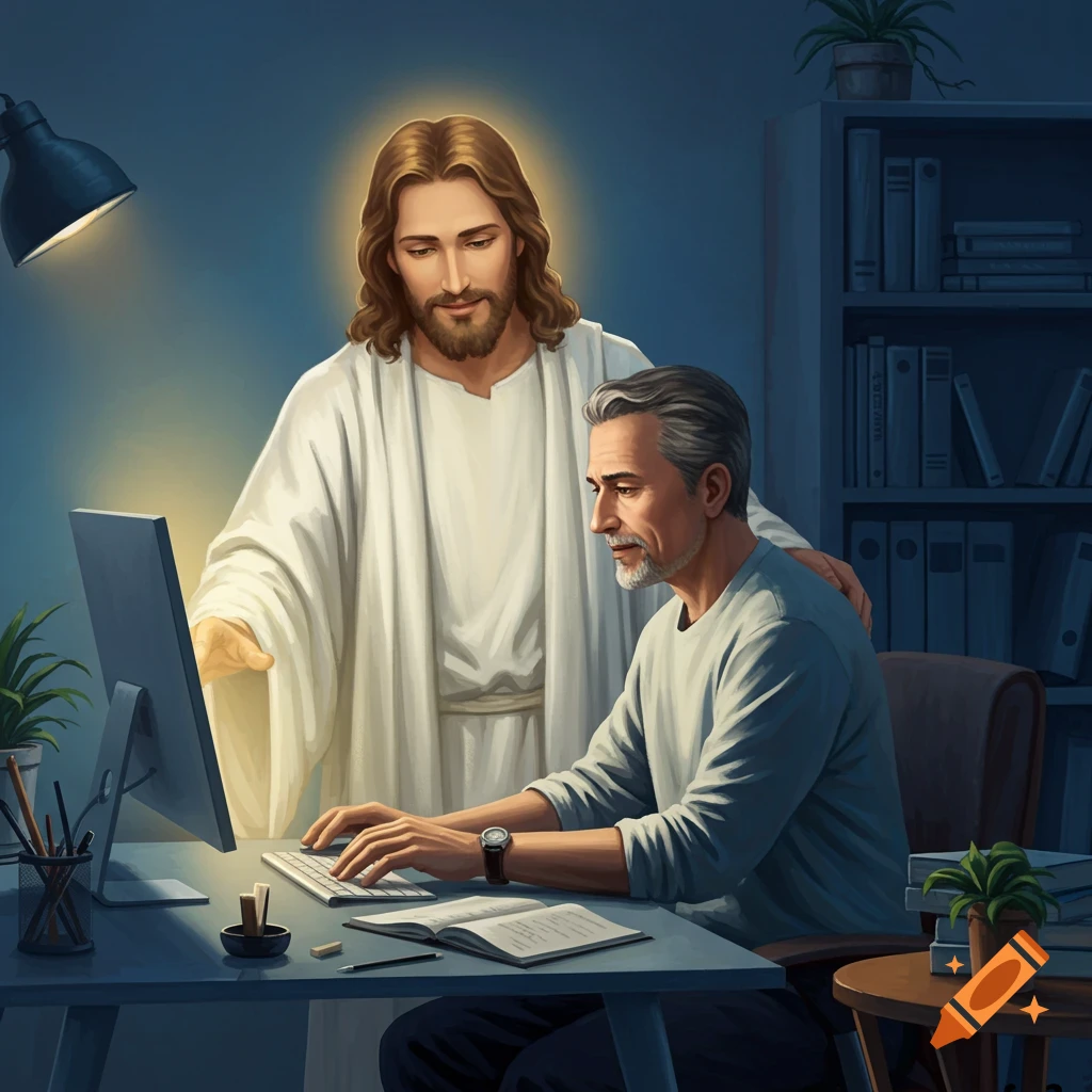 Digital painting of Jesus with a halo watching over a man typing on a computer at a desk, hand on his shoulder.