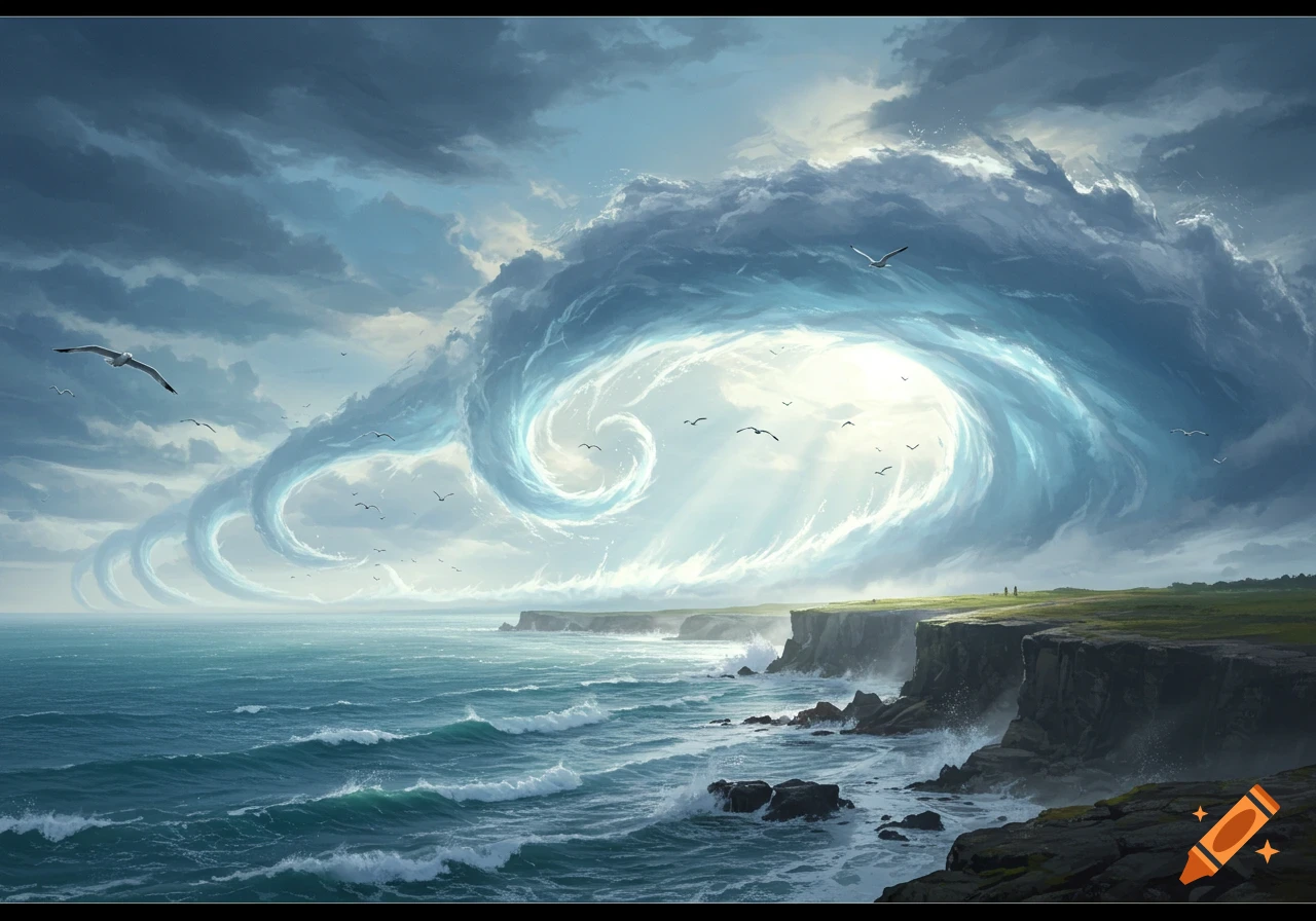 A dramatic fantasy landscape features a turbulent ocean, rocky cliffs, and a massive swirling cloud vortex with rays of light in the sky. Seagulls fly.