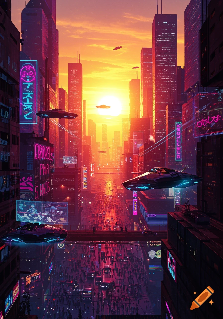 A vibrant cyberpunk city at sunset with towering skyscrapers, neon signs, flying vehicles, and crowded streets.