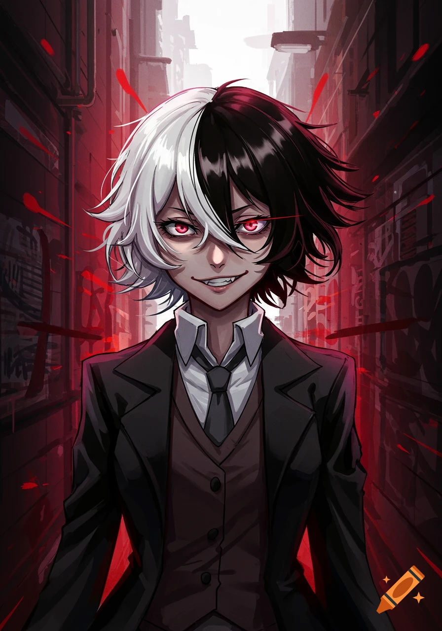 Anime character with split white and black hair, glowing red eyes, and a sinister grin in a dark, red-splattered alley.