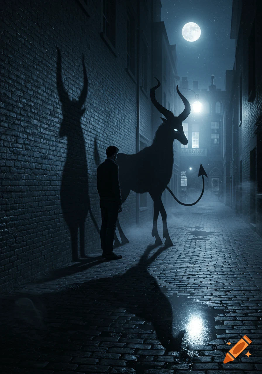A man stands in a dark, moonlit alley facing the silhouette of a large, horned devil-like creature with glowing eyes and a pointed tail. Its shadow is cast on a brick wall.