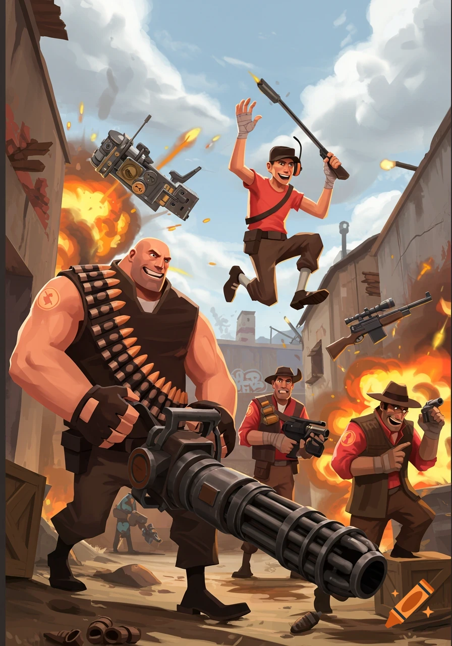 Stylized cartoon of Team Fortress 2 characters: Heavy with minigun, Scout jumping, others with weapons in an alleyway with explosions.
