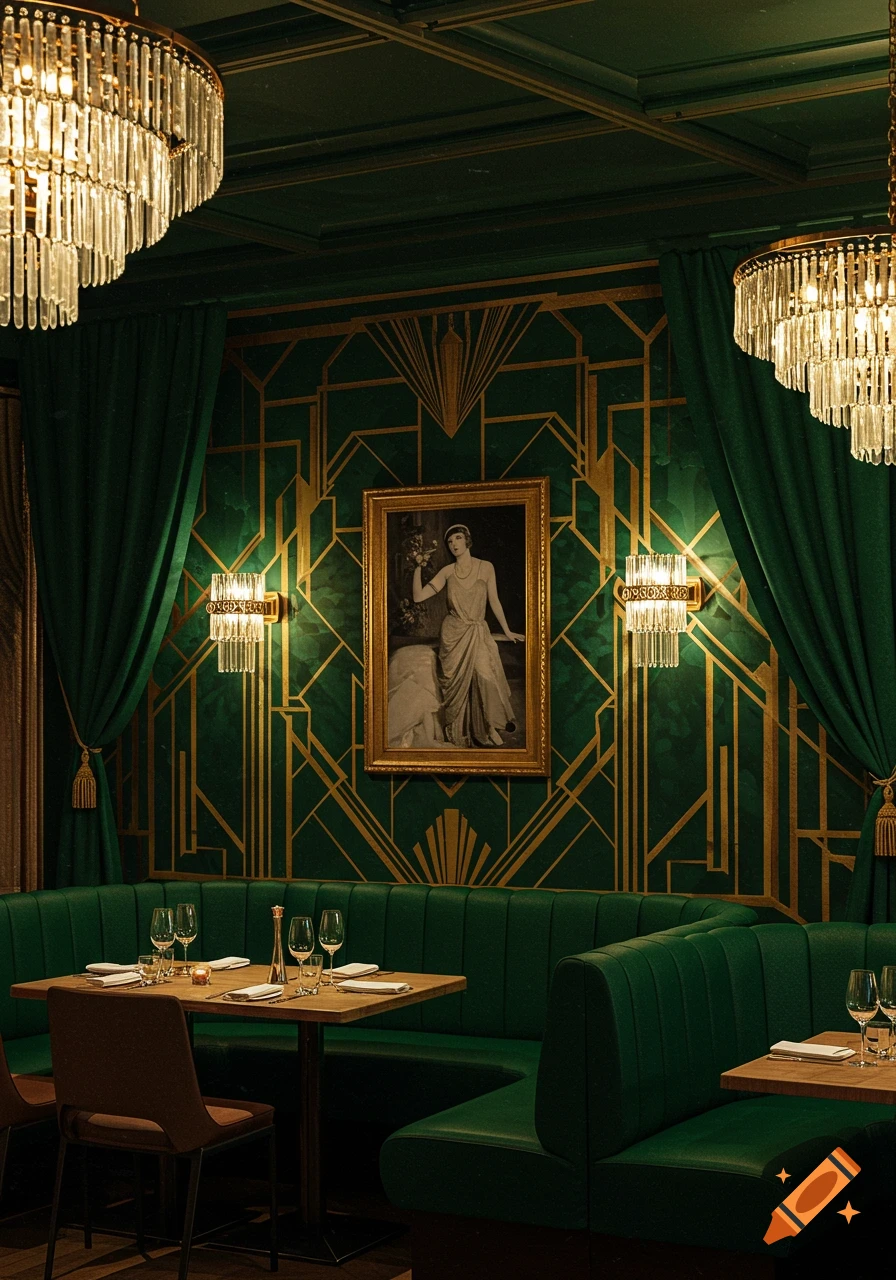 Luxurious Art Deco restaurant interior with green upholstered booths, gold patterned walls, and crystal chandeliers.