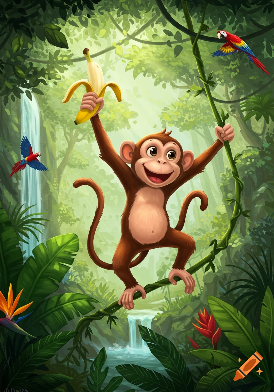 A happy cartoon monkey swings on a vine, holding a peeled banana in a vibrant jungle with waterfalls and colorful parrots.