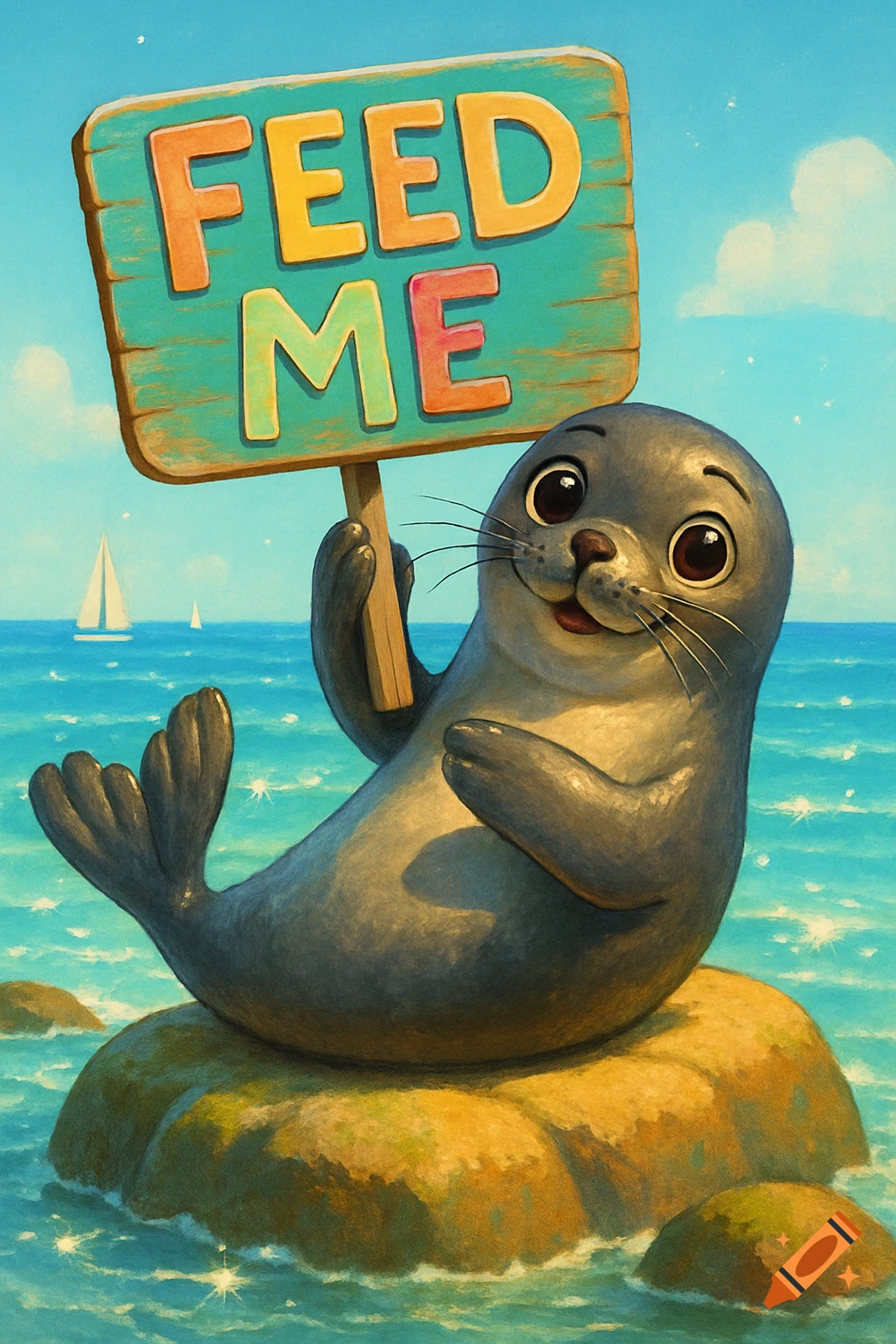 A cute, smiling seal holding a 'FEED ME' sign sits on a rock in a vibrant, illustrated ocean with sailboats.