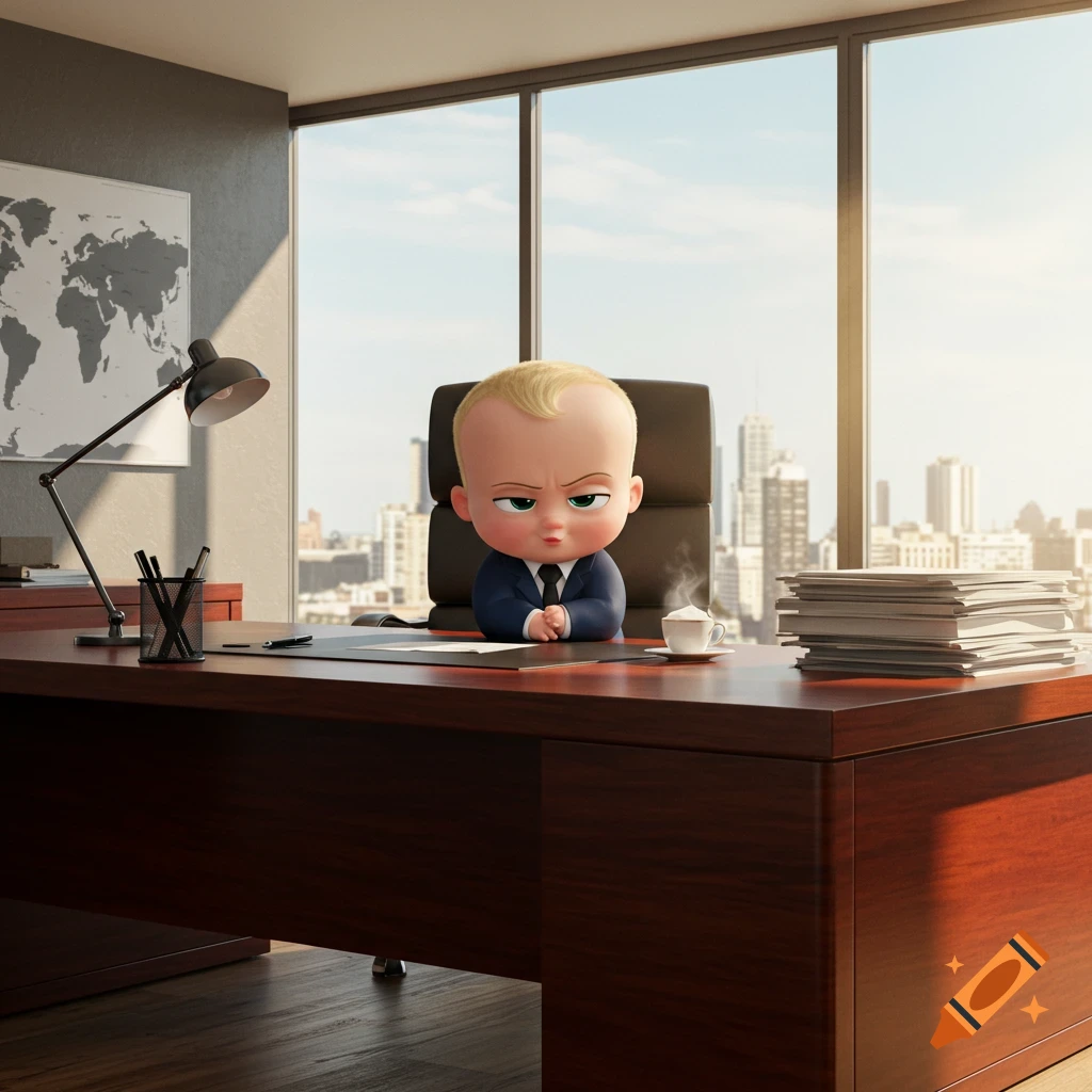 The Boss Baby character sits at a large wooden desk in a high-rise office with a city view, looking stern.