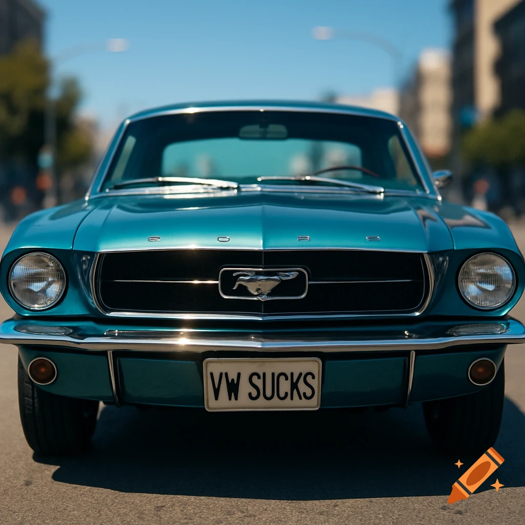 Front view of a teal classic Ford Mustang with a license plate that reads 'VW SUCKS' parked on a city street.