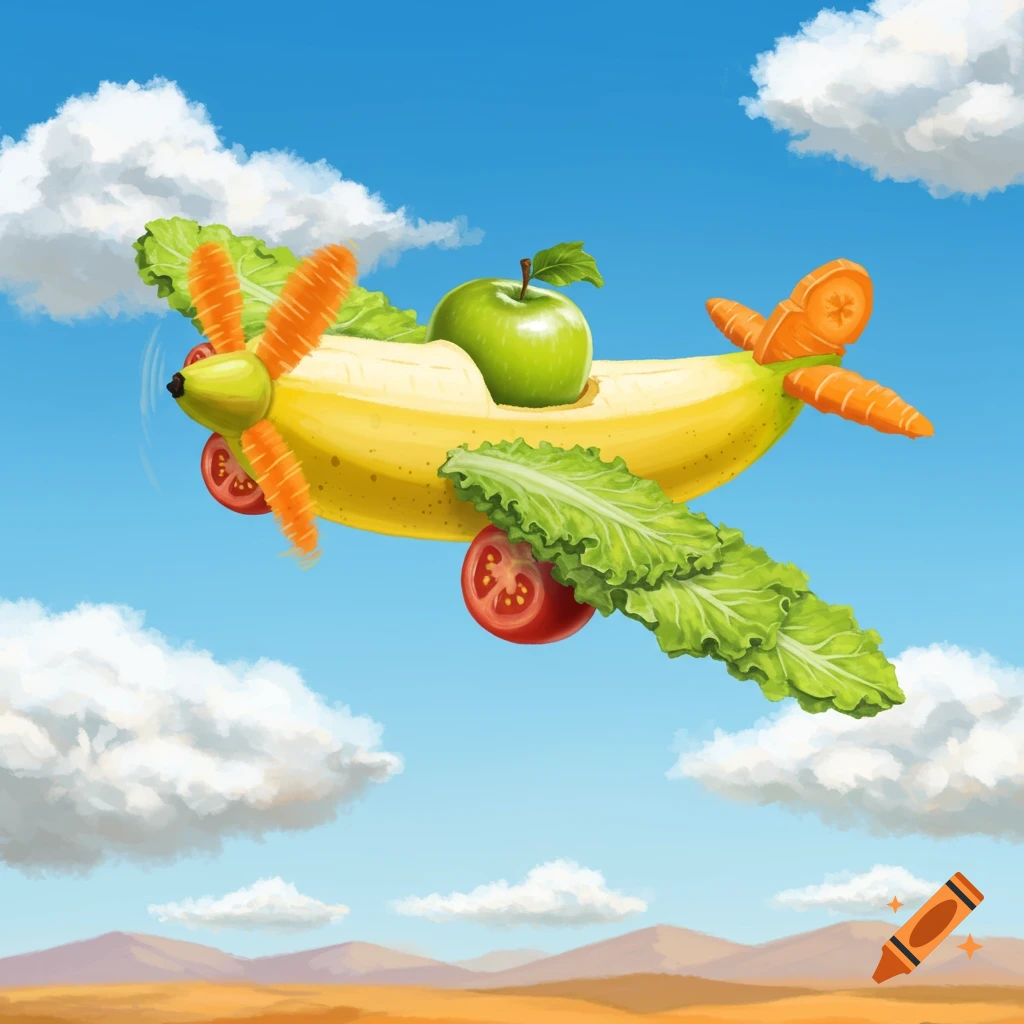 A whimsical airplane made of fruits and vegetables, featuring a banana body, lettuce wings, carrot propellers, and tomato wheels, flying in a blue sky over a desert.
