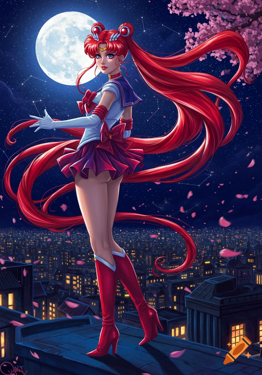An anime character resembling Sailor Moon with long red hair stands on a rooftop at night, overlooking a city under a full moon and starry sky, with cherry blossoms falling.