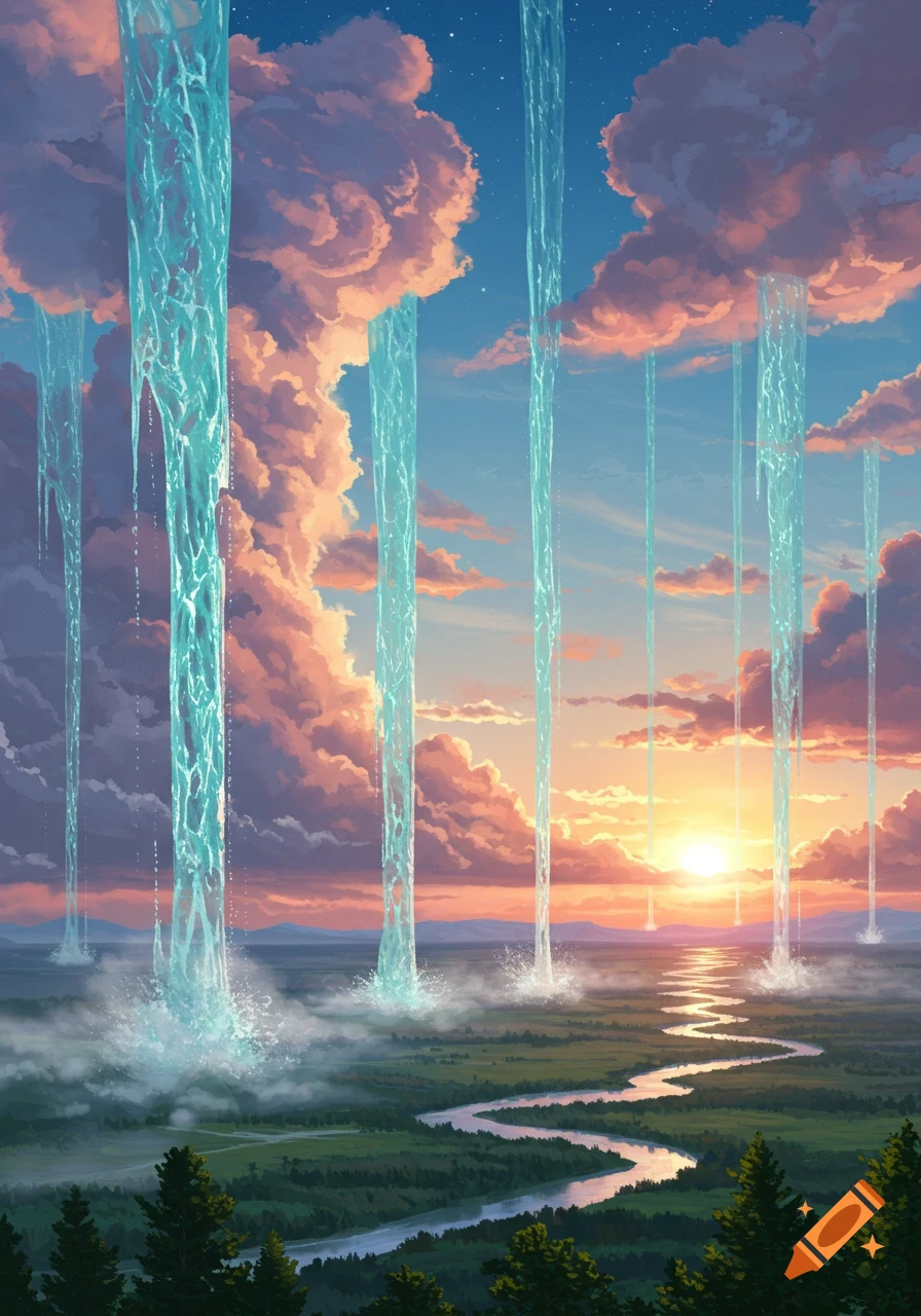 A fantastical landscape with huge columns of water falling from pink clouds onto a green plain with a winding river at sunset, digital art.