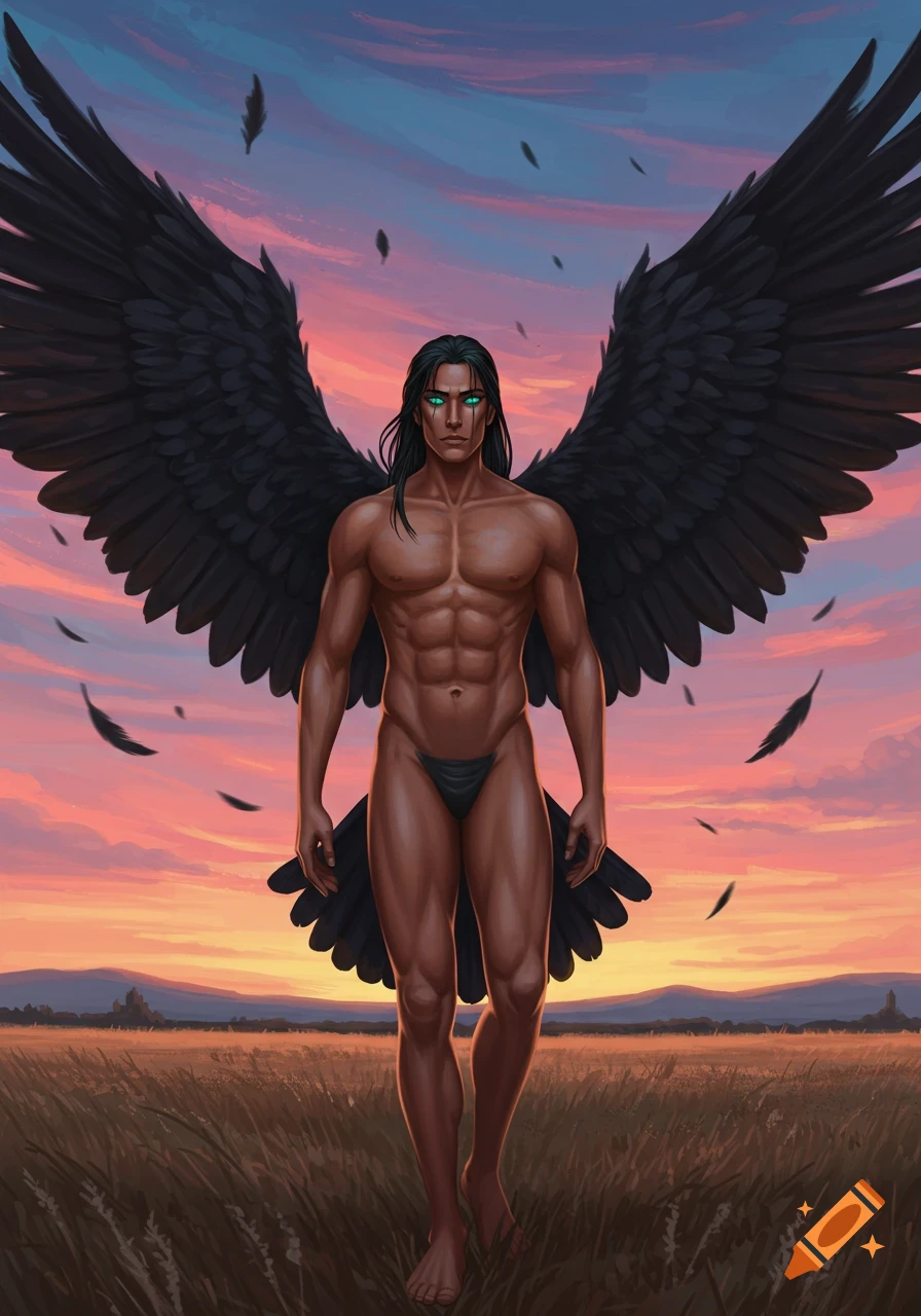 Muscular man with black hair, teal eyes, and large black crow wings stands in a grassy field at sunset. Digital painting.