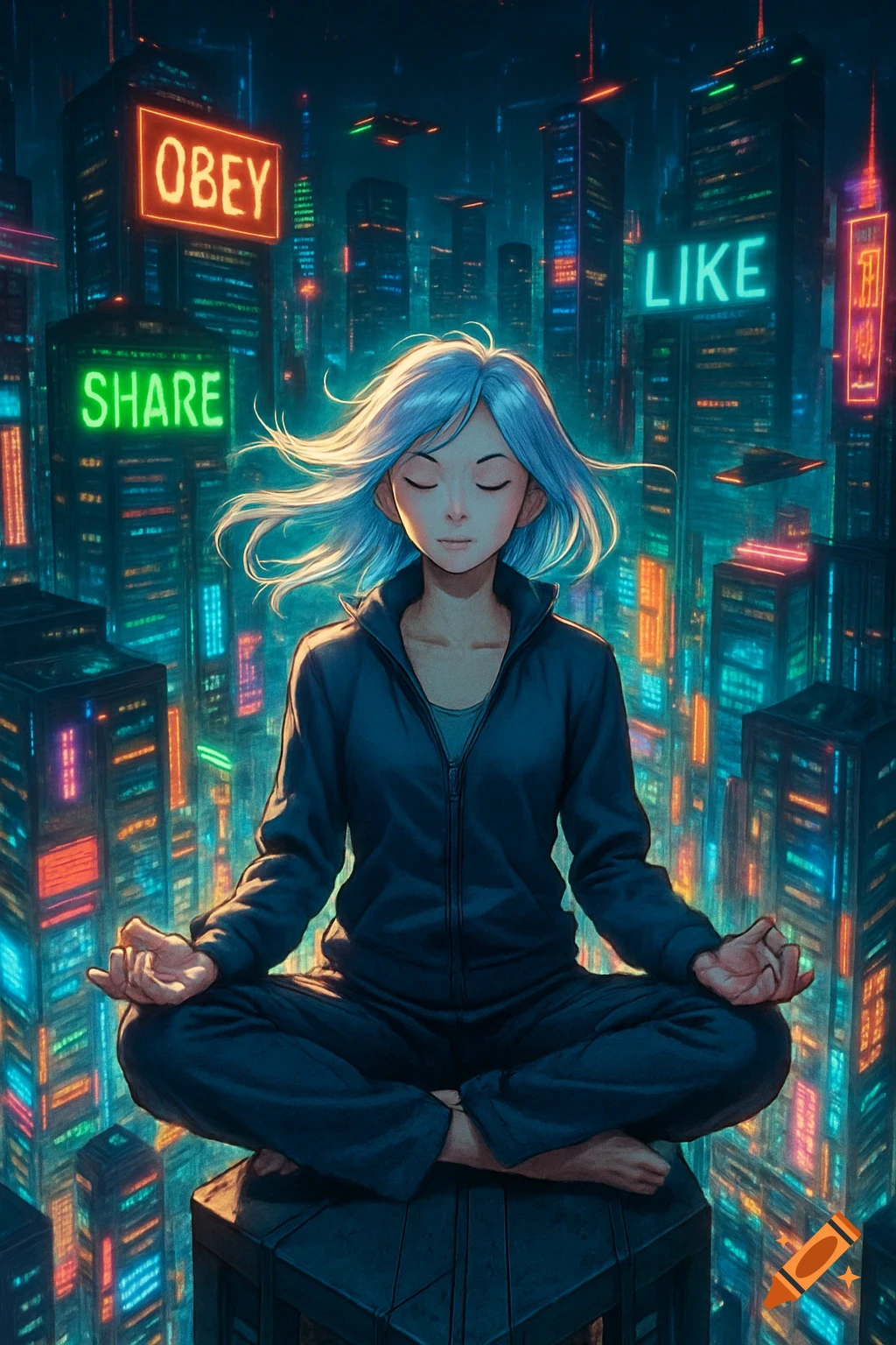 An anime woman with light blue hair meditates in a lotus position on a skyscraper in a vibrant cyberpunk city at night with neon signs saying "OBEY", "SHARE", "LIKE".