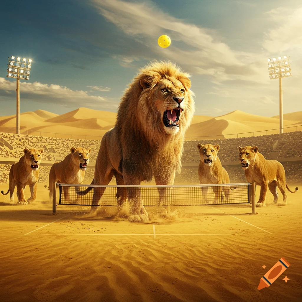 A majestic male lion roars on a pickleball court in a desert arena, surrounded by four lionesses, with a yellow pickleball in the air.