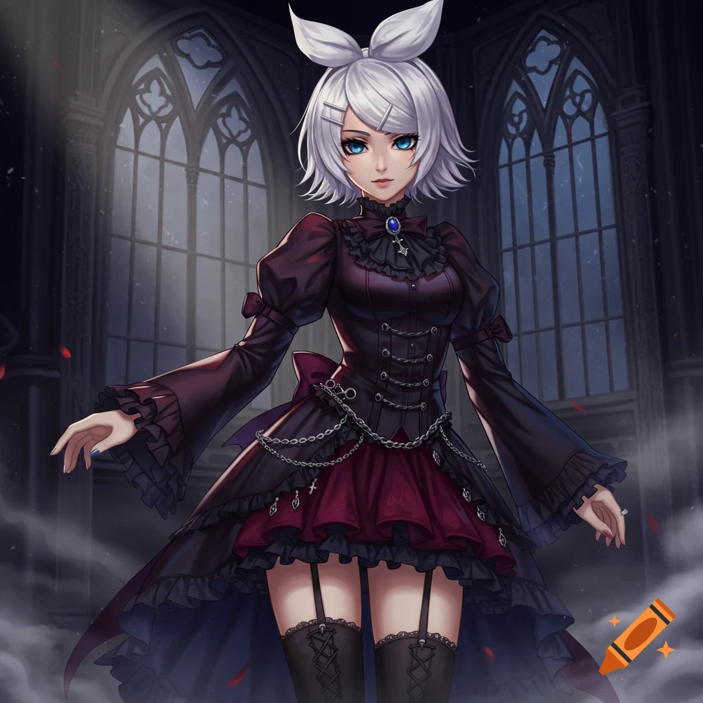 An anime girl with white hair and blue eyes, dressed in a dark gothic lolita dress, stands in a dimly lit cathedral.