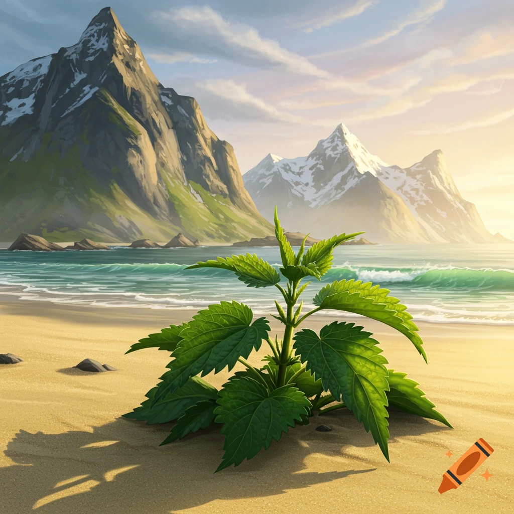 A green nettle plant grows on a sandy beach with a turquoise ocean and dramatic, snow-capped mountains under a soft, golden sky.